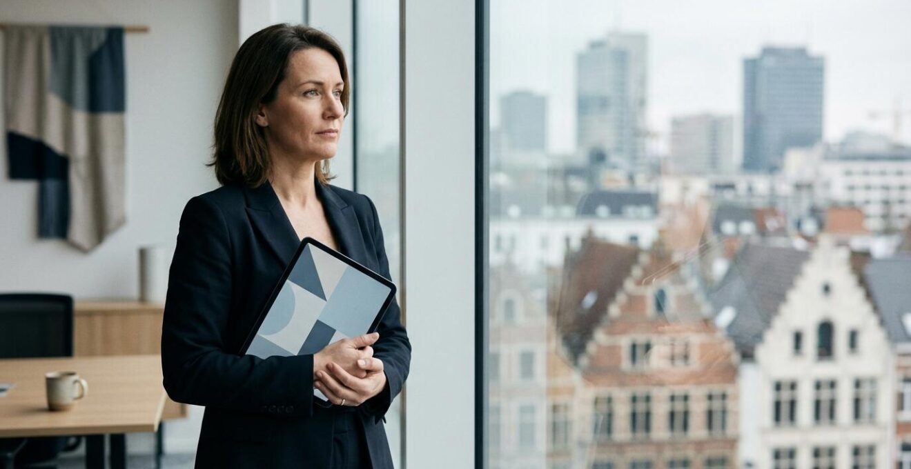 Professional in een moderne werkruimte kijkt nadenkend door een groot raam naar de stad, symboliseert contemplatie over carrière