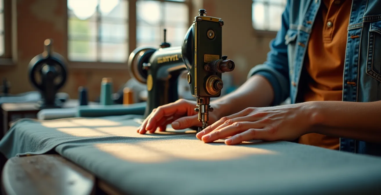 Ambachtelijk textieatelier met naaimachines en lokaal geproduceerde stoffen