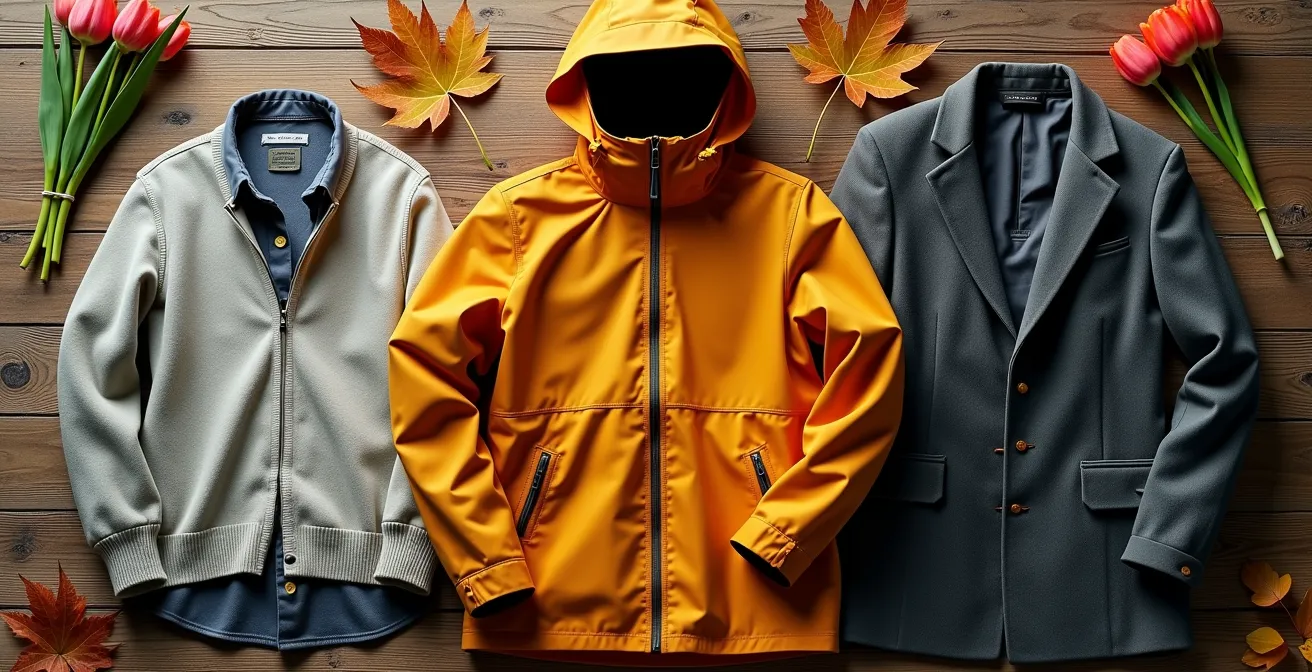 Kledingstukken voor verschillende Belgische weersomstandigheden, zoals een regenjas, wollen trui en linnen hemd.