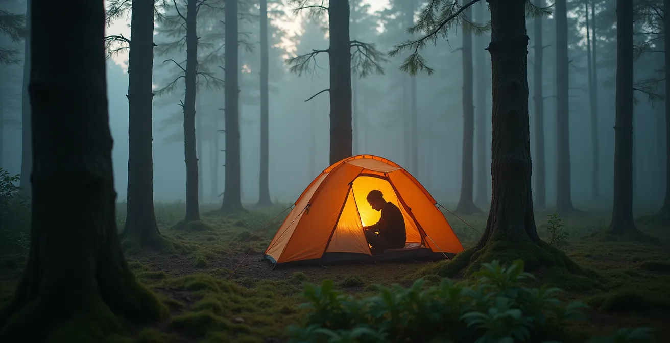 Kleine tent tussen bomen in mistig Ardens bos bij dageraad