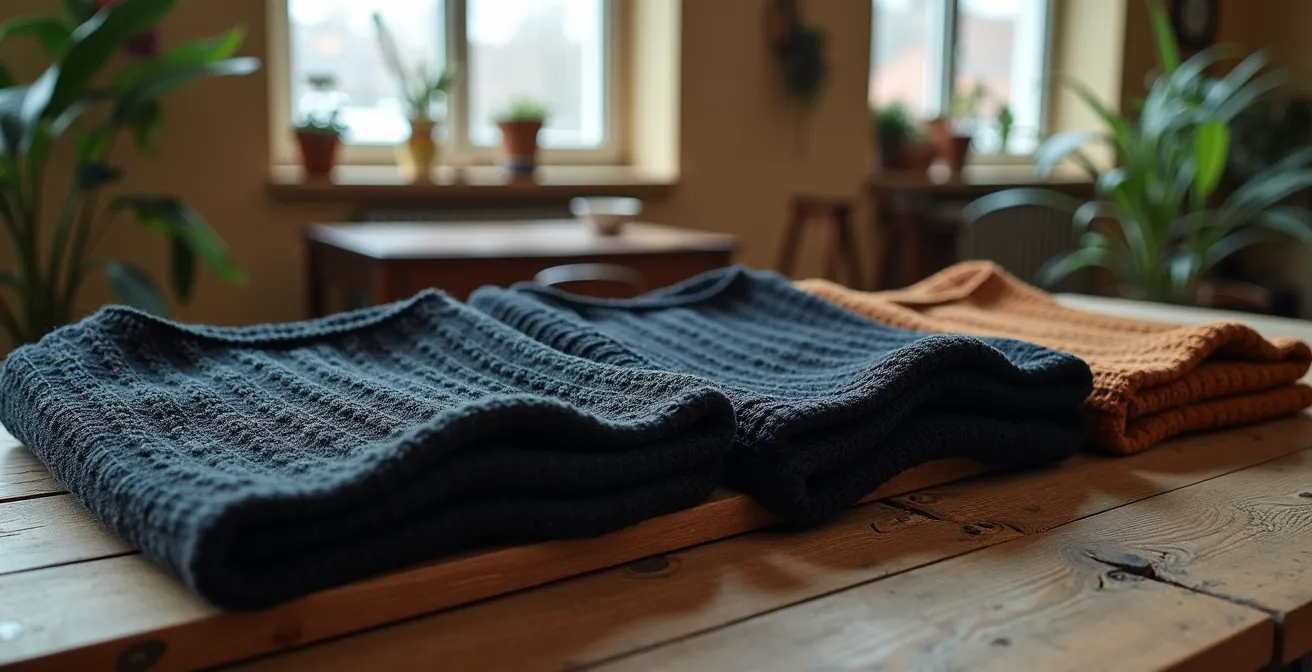 Drie zwarte truien naast elkaar op houten tafel met verschillende texturen zichtbaar