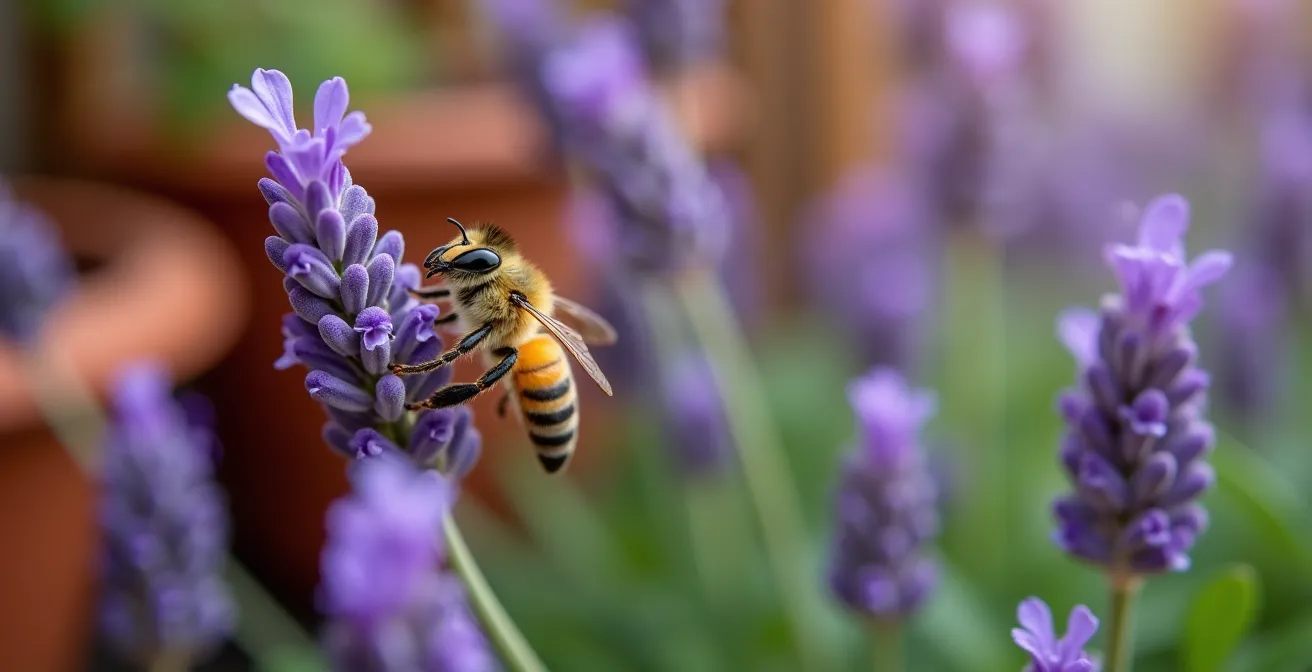 Kleurrijke bloeiende planten op een Antwerps balkon met bijen en vlinders die nectar verzamelen.