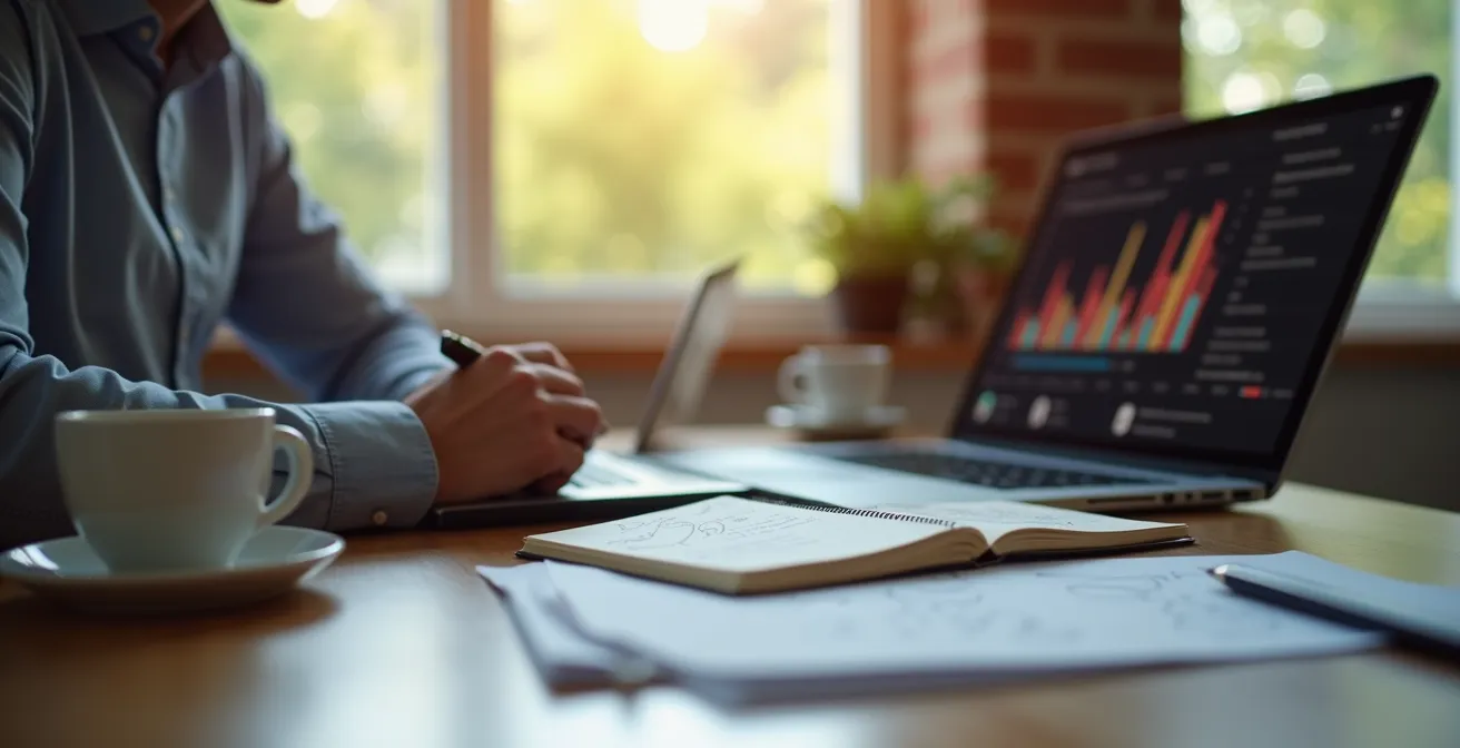 Professional met laptop in geconcentreerde werkhouding thuis