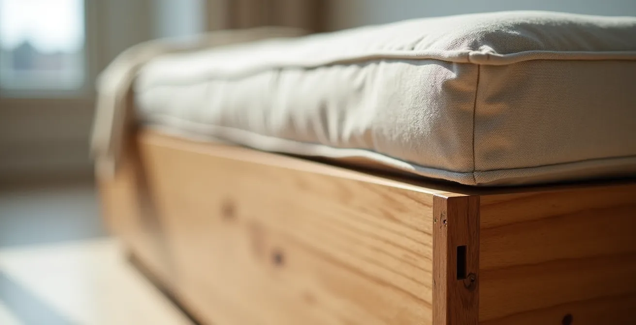 Zelfgemaakte houten opbergbank met kussen in minimalistische woonkamer