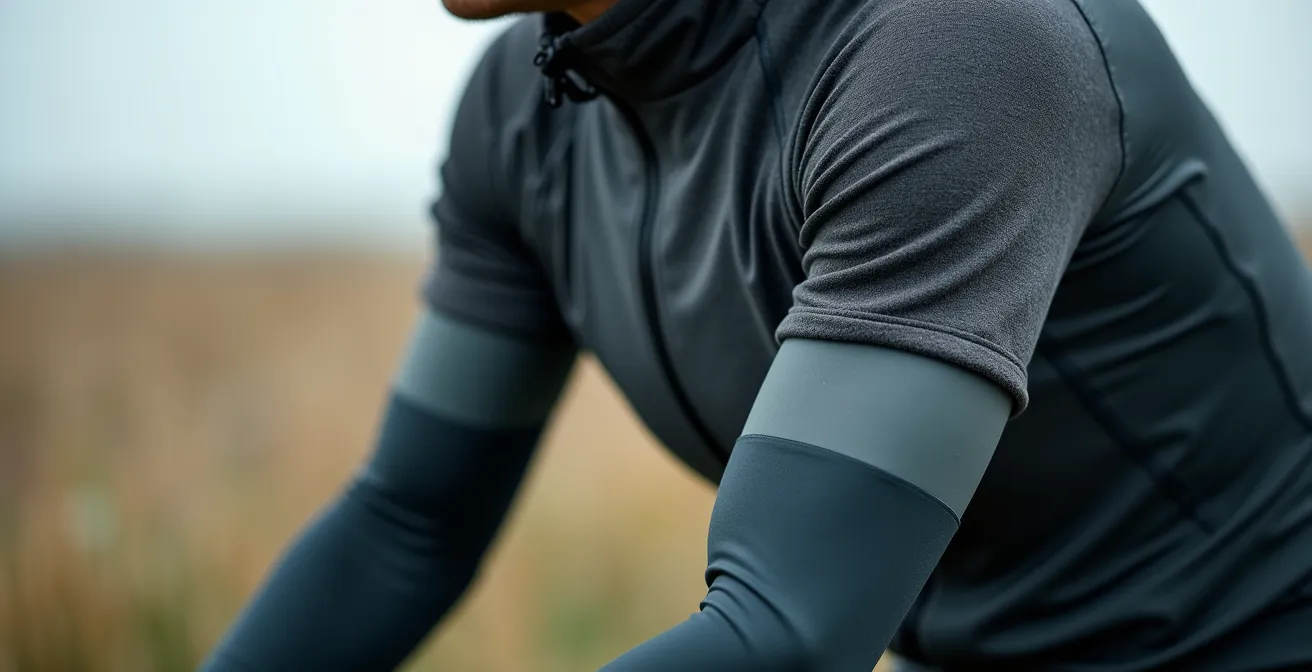 Close-up van fietskleding lagen zichtbaar bij openstaande jas terwijl fietser tegen wind leunt