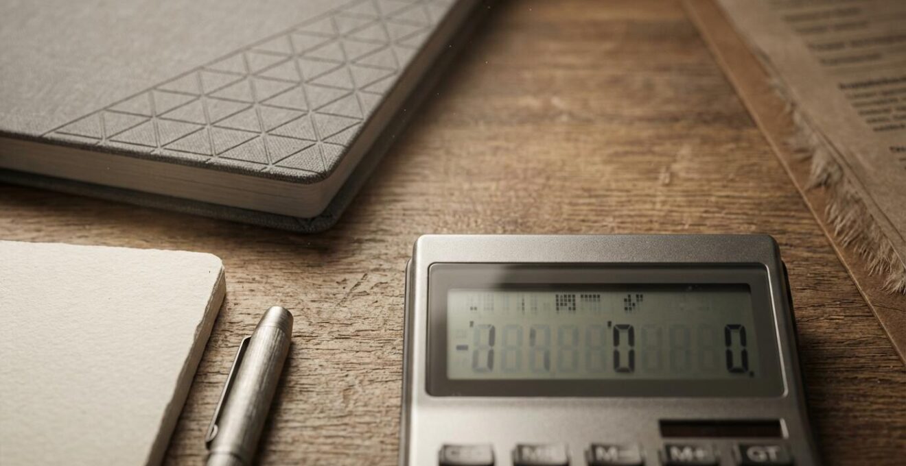 Bureau met documenten en rekenmachine voor zelfstandige administratie