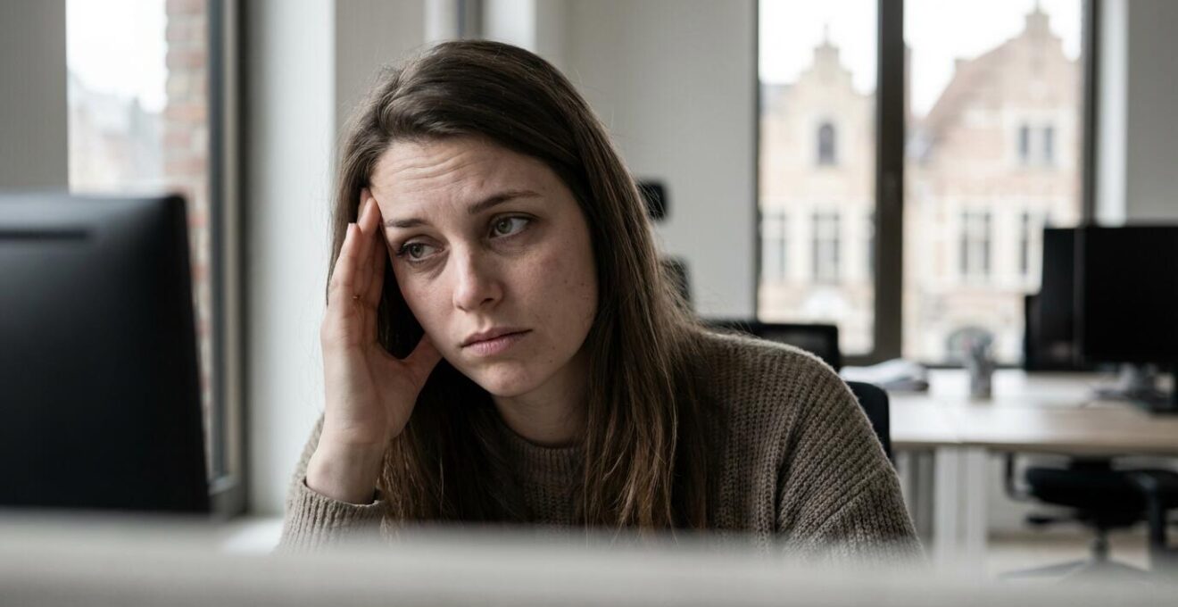 Close-up van vermoeide jonge professional die stresssignalen negeert op Belgische werkplek
