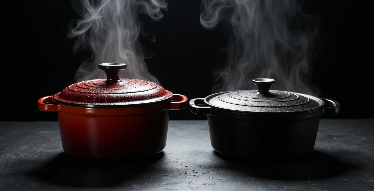 Close-up vergelijking van een premium geëmailleerde en een budget gietijzeren braadpan naast elkaar