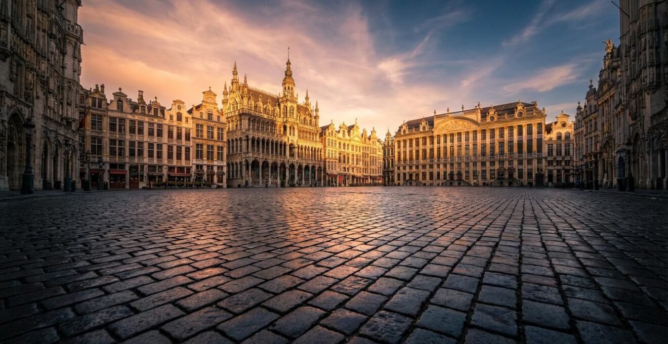 Grote Markt Brussel in vroege ochtend met gouden licht op historische gevels