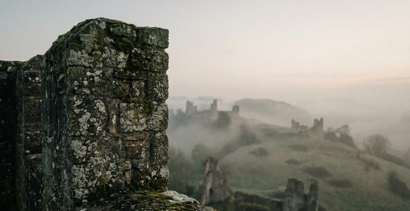 Verlaten middeleeuwse kasteelmuur in Belgisch landschap met mistige ochtendatmosfeer