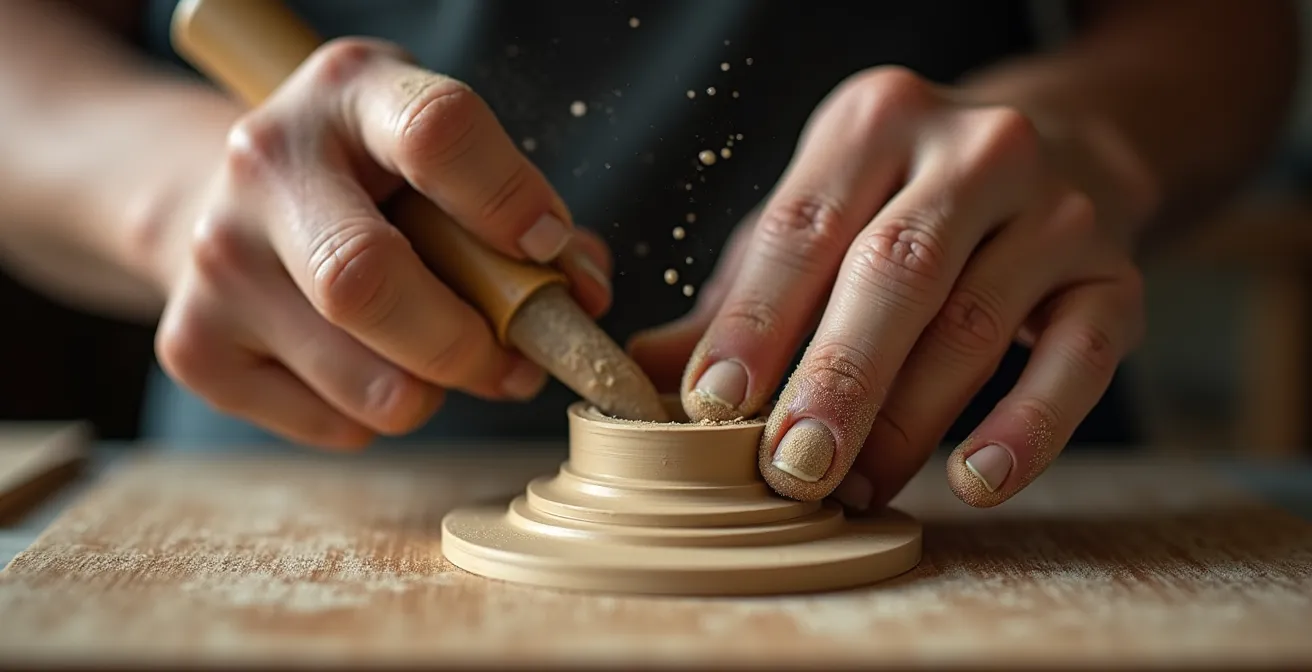 Close-up van handen die klei vormen met zichtbare textuur en concentratie