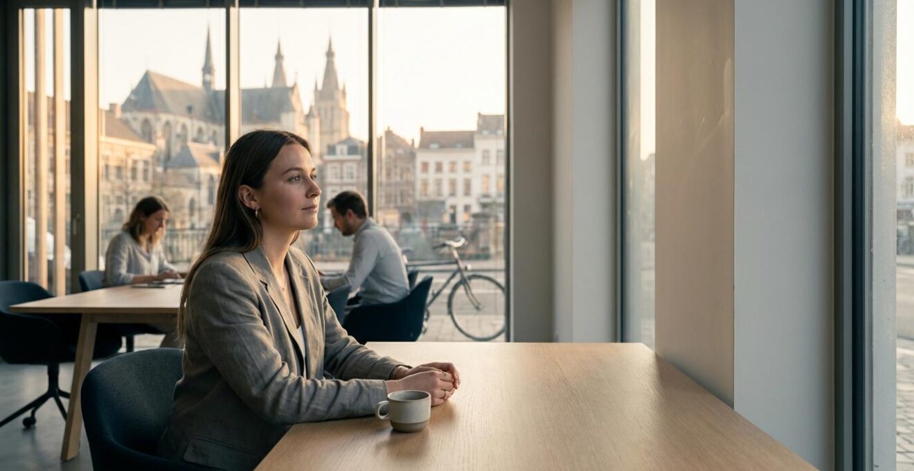 Jonge professional in België die werkt aan balans tussen werk en privéleven in moderne kantooromgeving