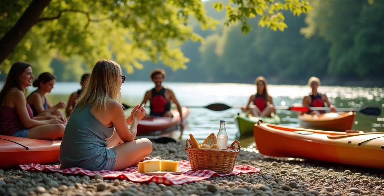 Kajakgroep geniet van picknick aan rustige rivieroever