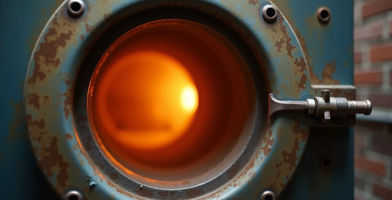 Close-up van professionele keramiekoven met warme gloed uit kijkglas