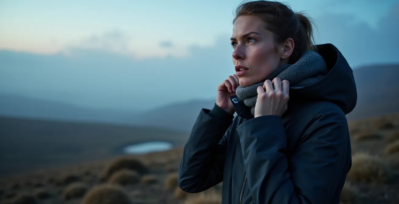 Natuurobservator in meerlaagse kleding op mistige hoogvlakte