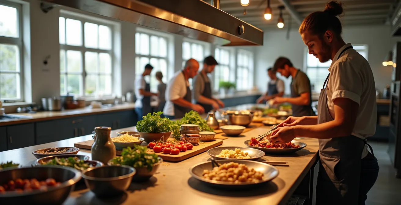 Diverse groep mensen samen kokend in warme keukenomgeving