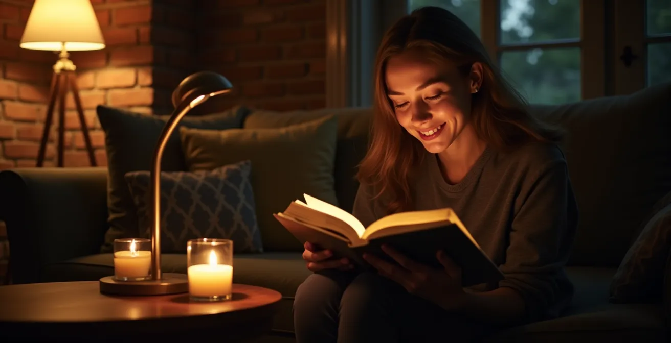 Woonkamer met meerdere warme lichtbronnen op verschillende hoogtes