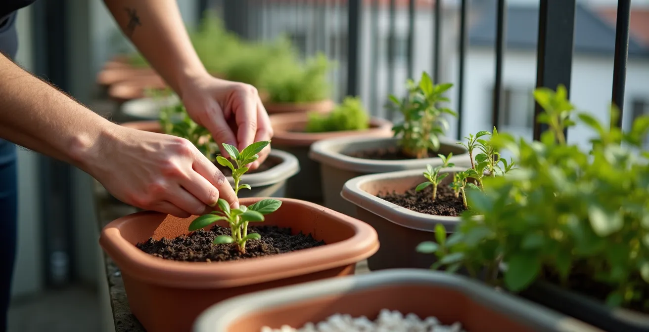 Handen die zorgvuldig moderne, lichtgewicht plantenbakken op een stadsbalkon plaatsen.