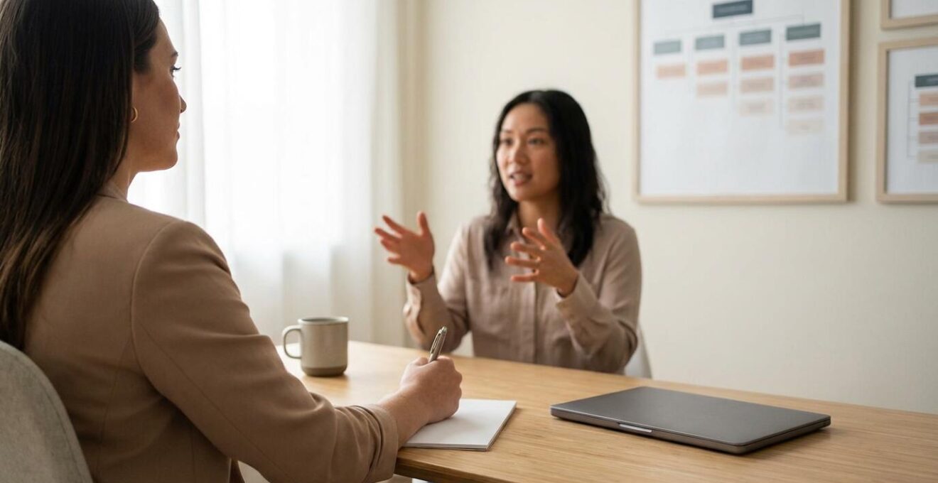 Coach en cliënt in professioneel gesprek met notitieblok en laptop dichtgeklapt