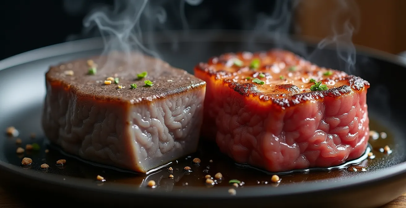 Vergelijking tussen grijs, gekookt stoofvlees en goudbruin aangebraden stoofvlees