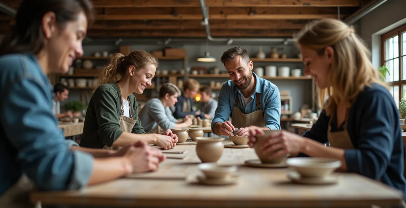 Overzicht van gemeenschappelijke keramiekwerkplaats met meerdere werkstations