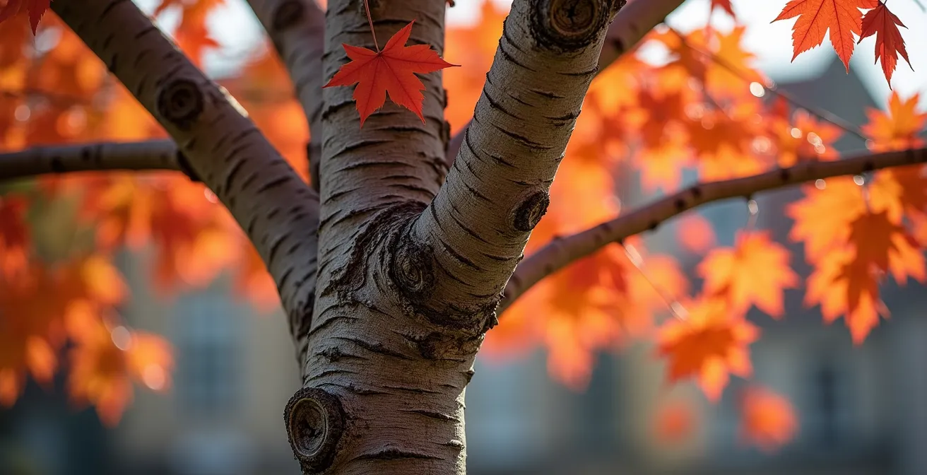 Meerstammige Amelanchier in stadstuin door de seizoenen heen