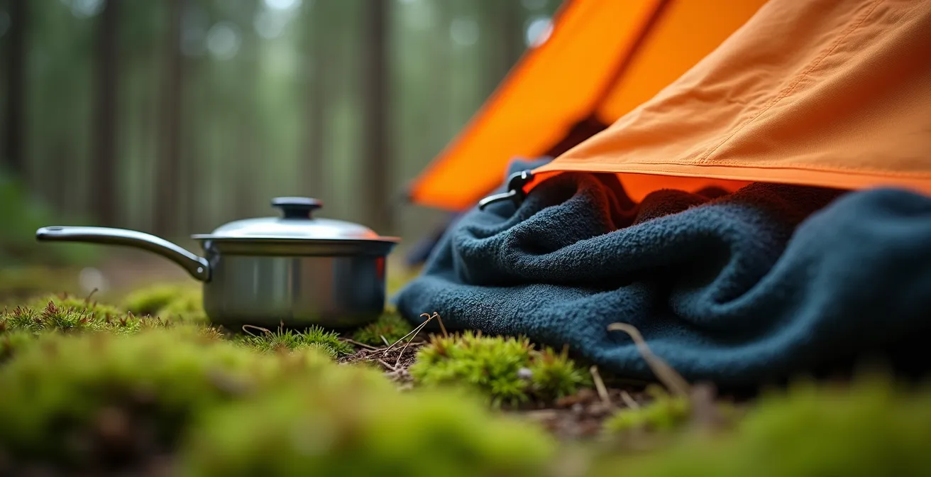 Ultralichte kampeeruitrusting netjes uitgestald op bosgrond