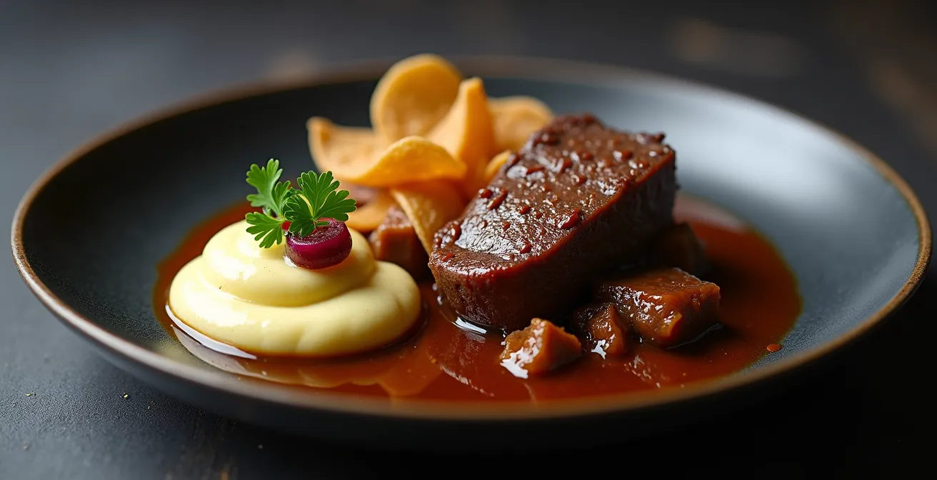 Gedeconstrueerd stoofvlees met kleurrijke garnituren op donker bord