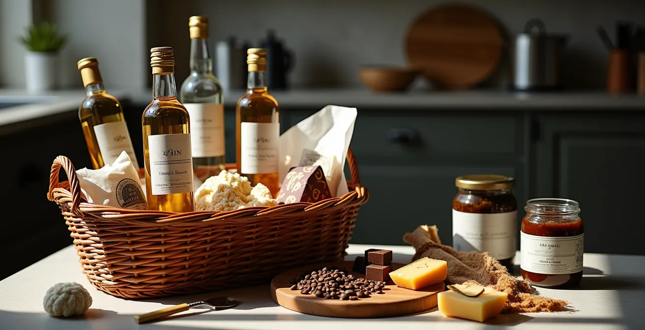 Stijlvolle presentatie van moderne Vlaamse streekproducten in rieten mand