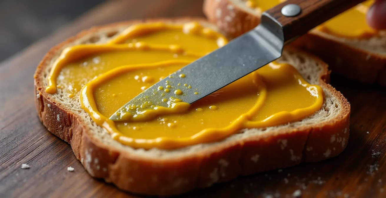 Macro-opname van grove mosterd op ambachtelijk brood met mosterdzaden en kruiden