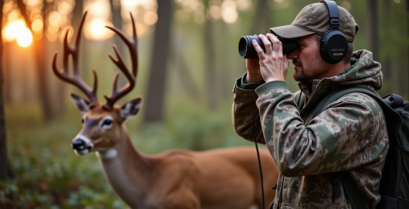 Natuurgids met verrekijker observeert herten op veilige afstand
