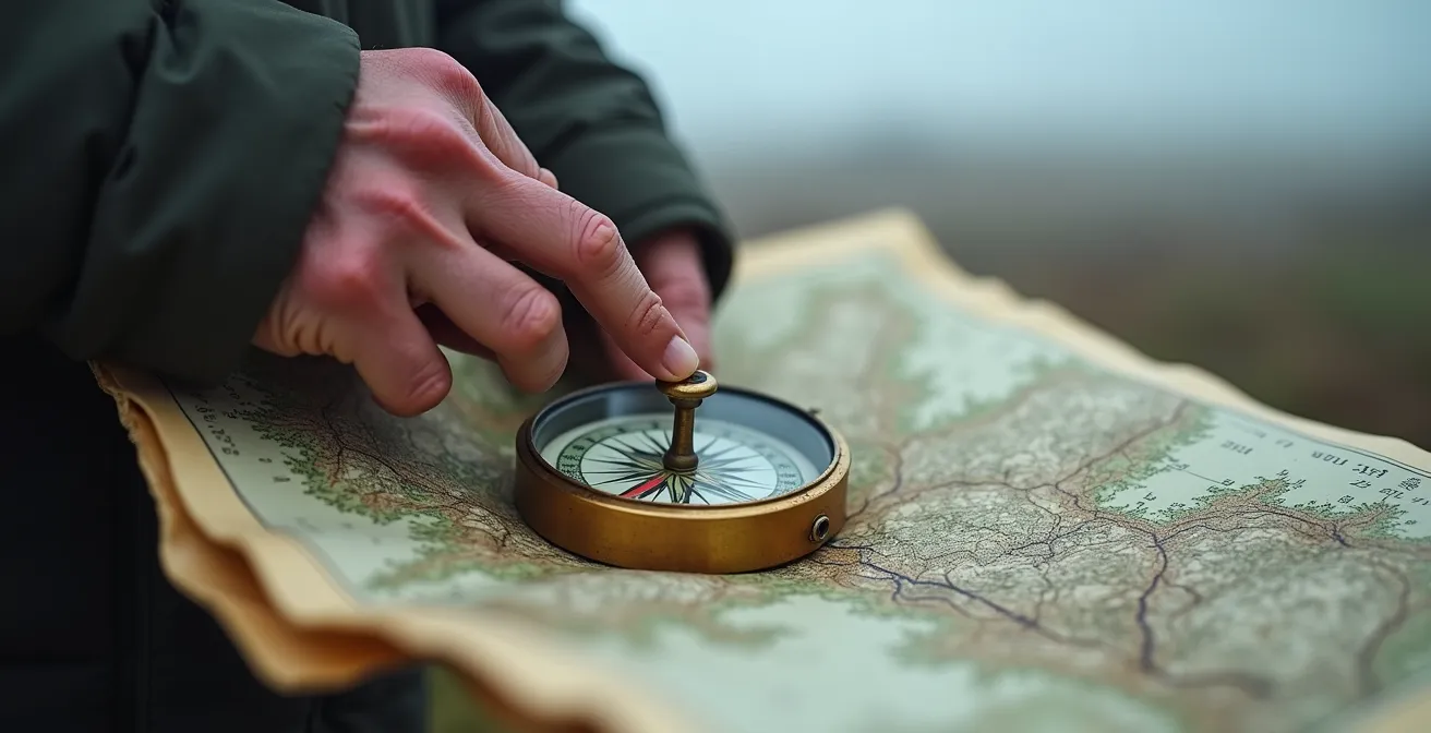 Handen met kompas en topografische kaart in mistig veenlandschap