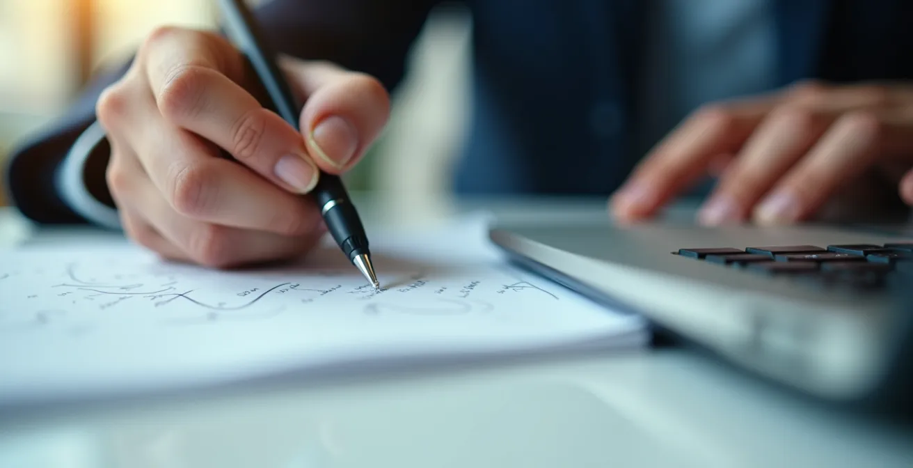 Persoon beoordeelt online cursussen op laptop met aantekeningen