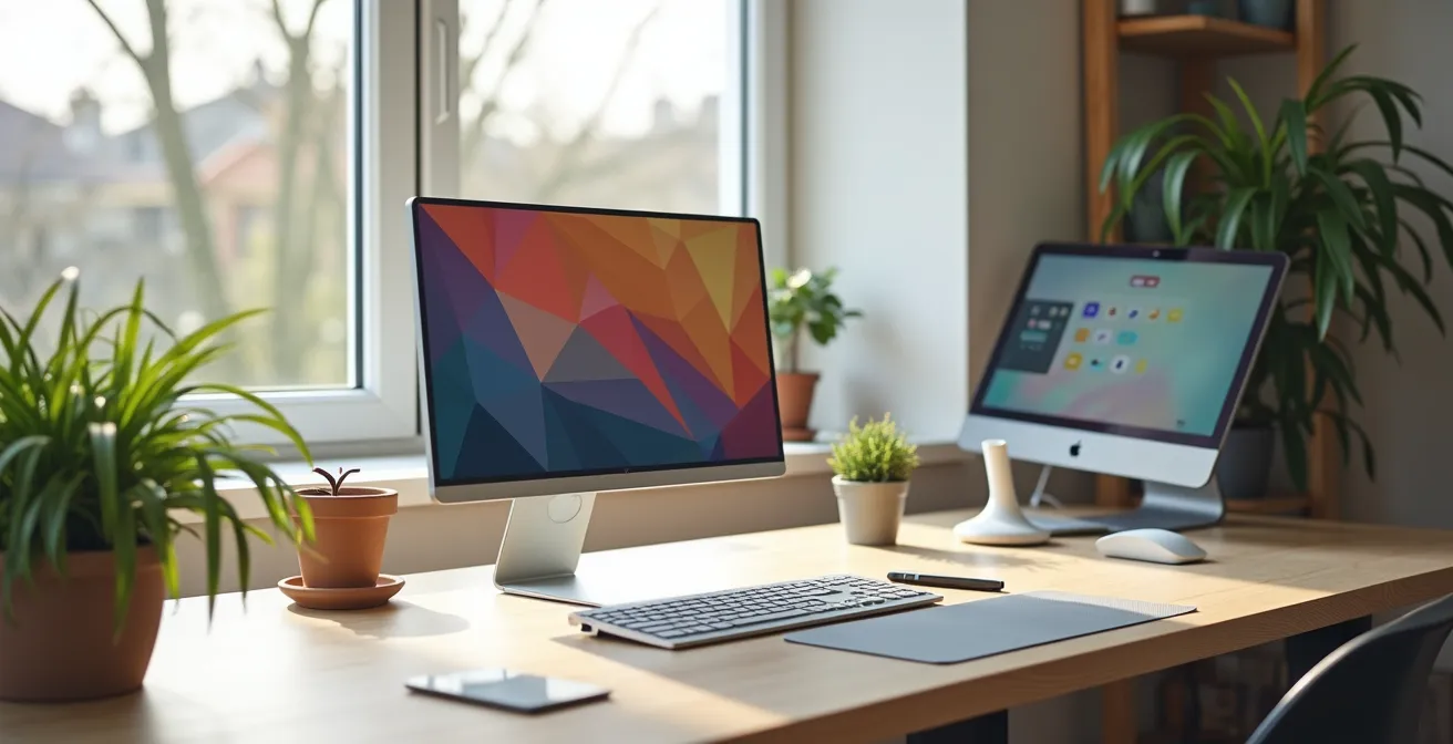 Professionele thuiswerkplek met ergonomische opstelling voor online leren