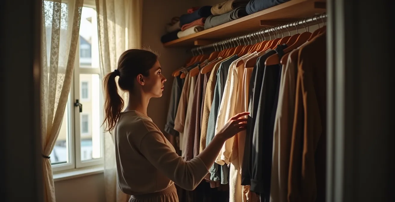 Een vrouw staat peinzend voor een overvolle kledingkast met ongedragen duurzame kleding in een Belgisch appartement.