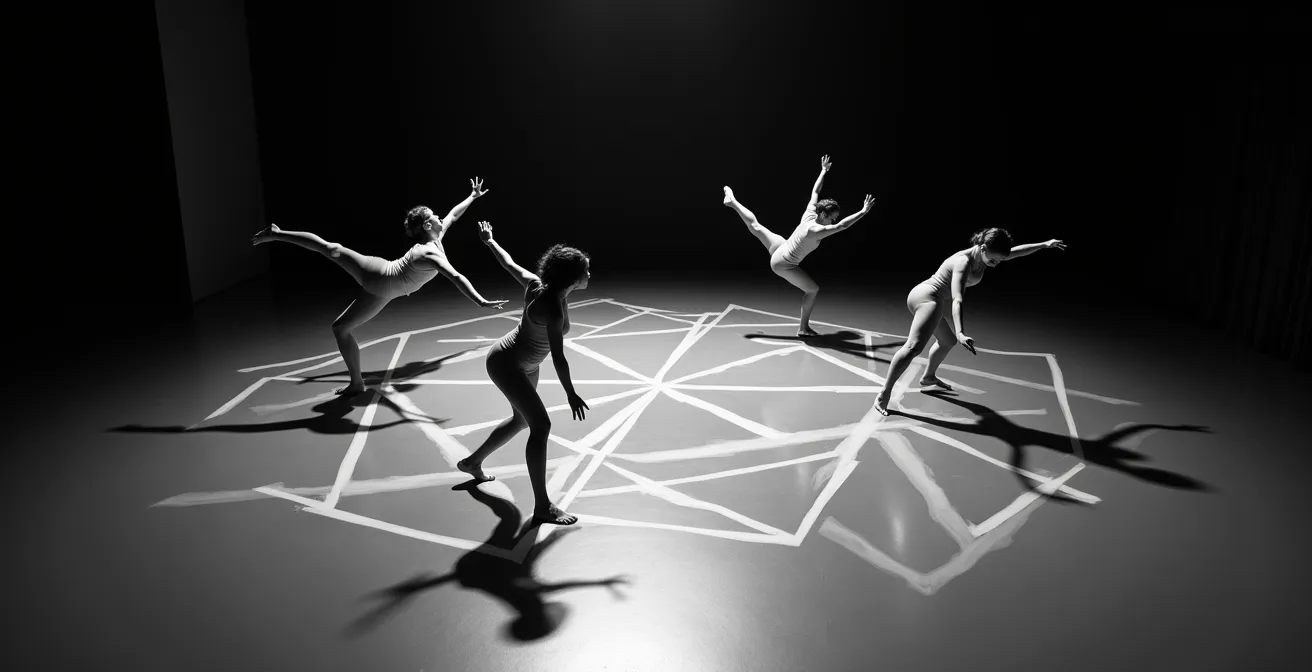 Dansers creëren abstracte vormen met hun lichamen in geometrische patronen