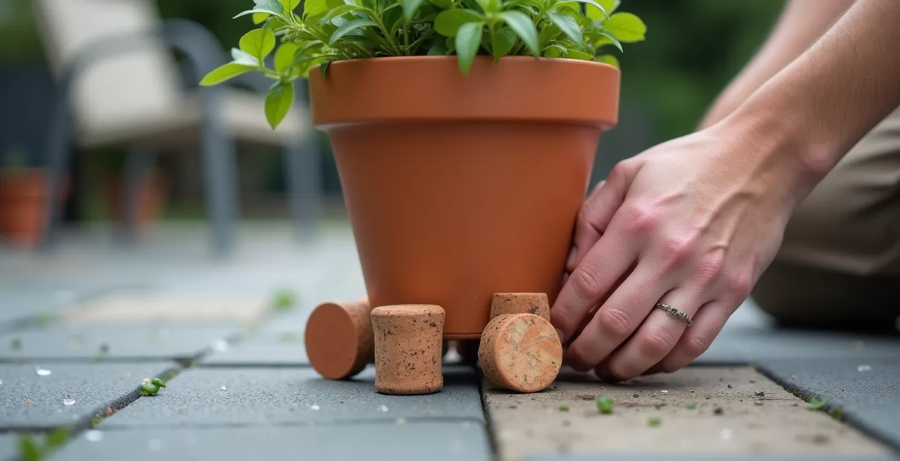 Verschillende DIY potvoetjes onder plantenpot op Belgisch hardsteen terras