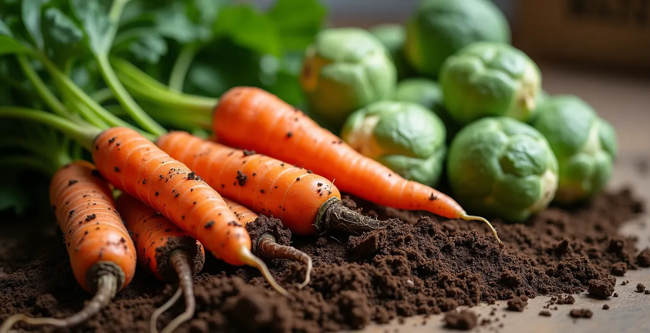 Macro opname van verse biologische groenten met aarde op houten marktkraam