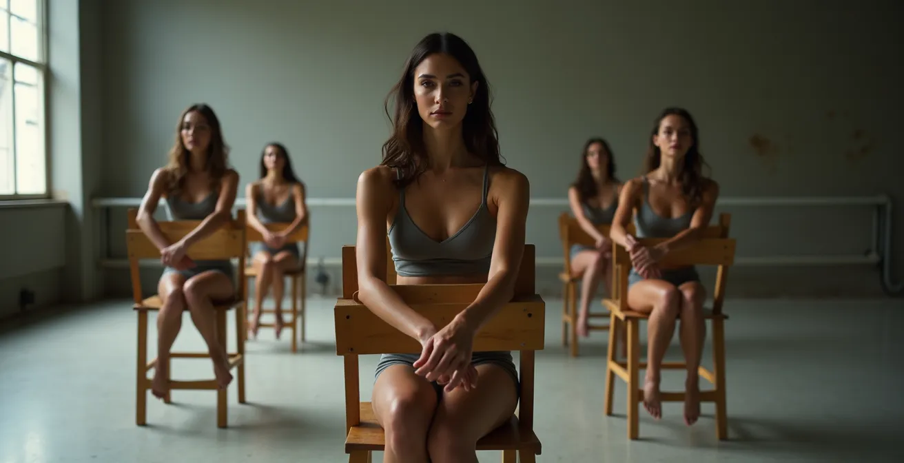 Vier danseressen in grijze kleding voeren repetitieve bewegingen uit op stoelen