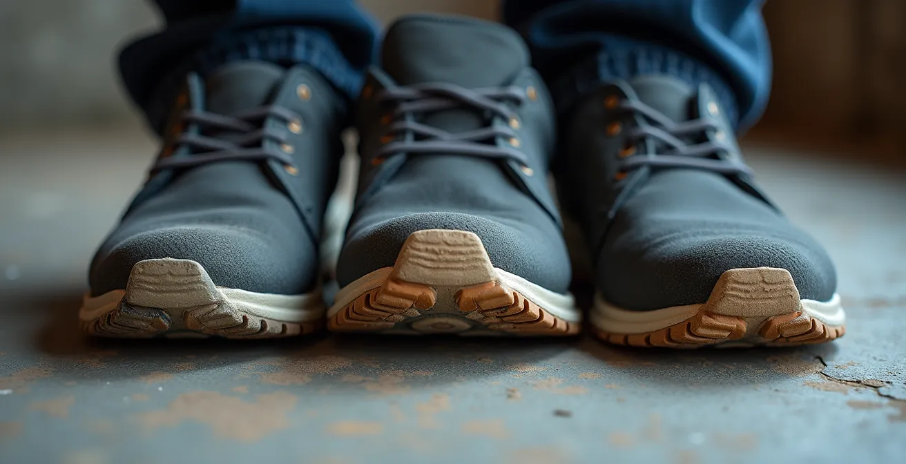 Close-up van drie schoenzolen met verschillende slijtagepatronen naast elkaar