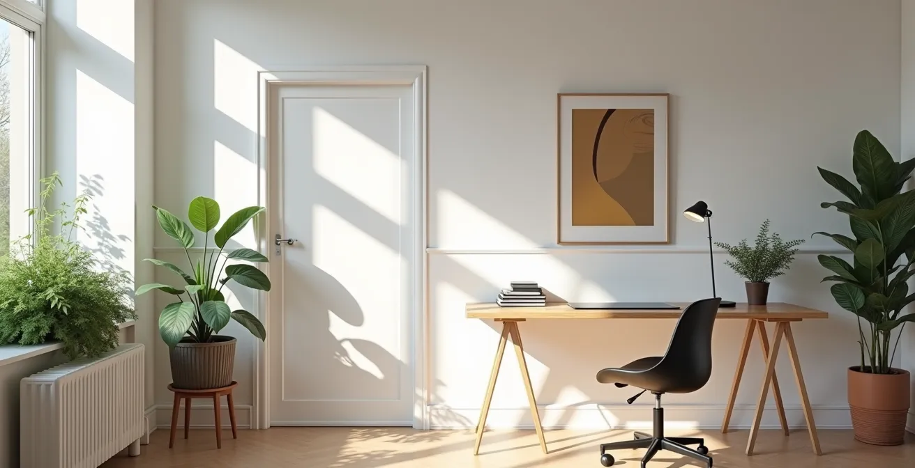 Overzicht van modern thuiskantoor in typisch Belgisch rijhuis met natuurlijk licht