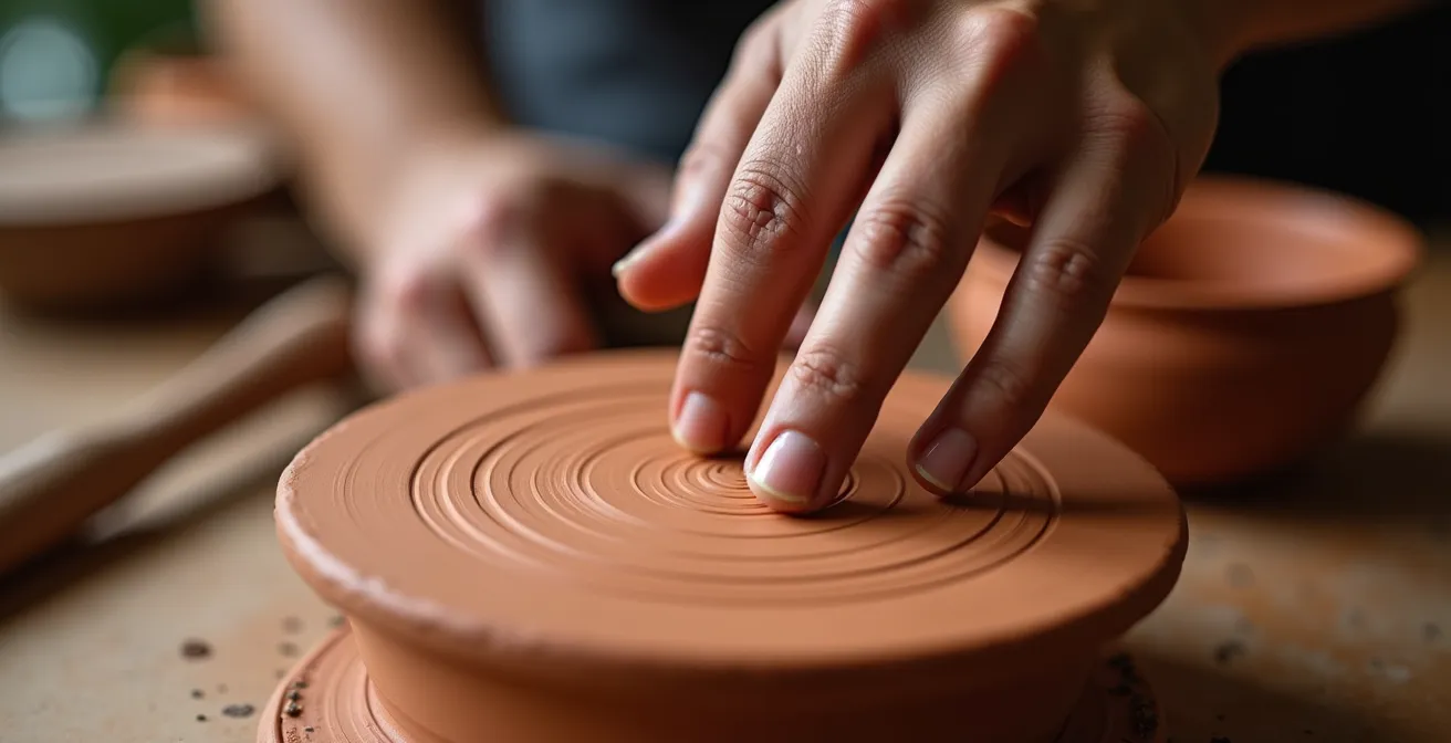 Close-up van hand die tiktest uitvoert op terracotta pot met klankgolven