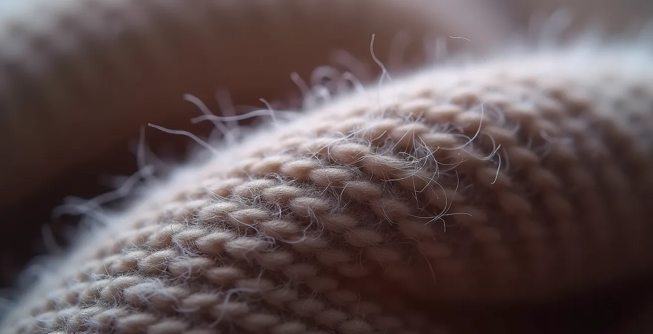 Macro-opname van de textuur van een wollen trui, die de kwaliteit voor tweedehands verkoop toont