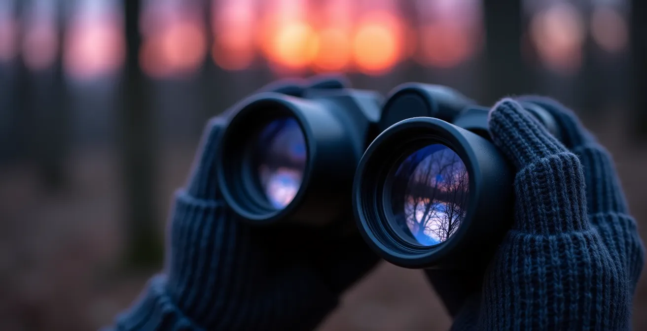 Close-up van verrekijker tijdens schemergebruik in natuuromgeving