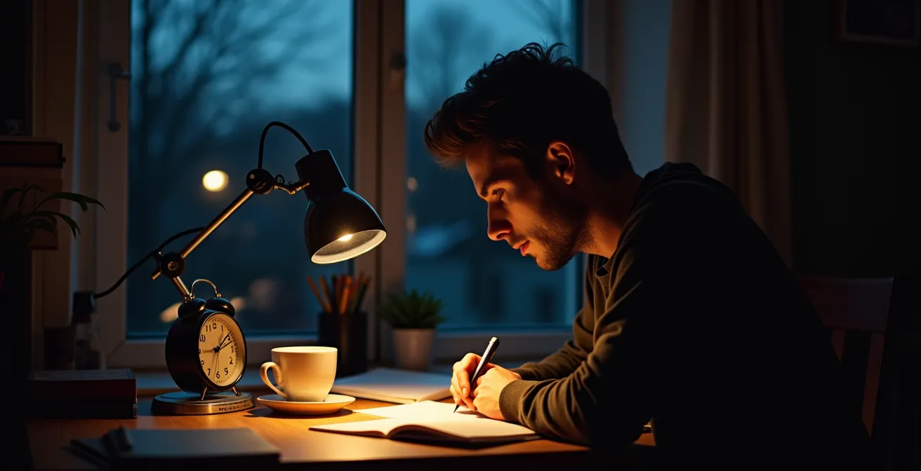 Volwassen student studeert thuis tijdens donkere winteravond met warme verlichting