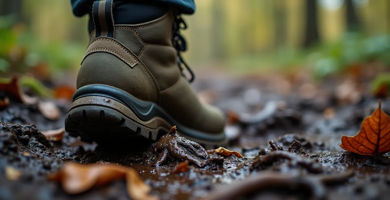 Close-up van modderige wandelschoen op nat wortelig bospad