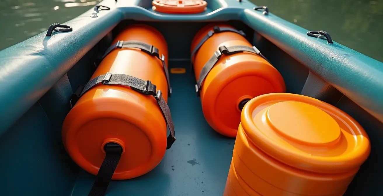 Waterdichte tonnetjes bevestigd in kajak interieur