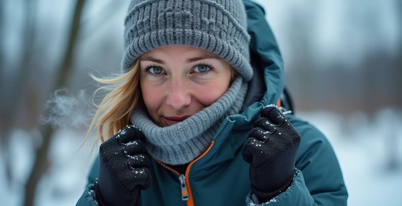 Wandelaar met drielagensysteem kleding en gamachen in besneeuwd veenlandschap