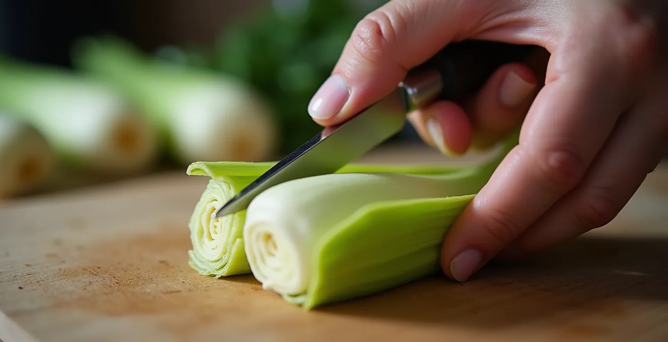 Traditionele techniek om de bittere kern uit witloof te verwijderen met een tourneermesje.