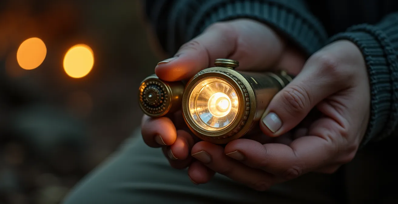 Close-up van handen met zaklamp die antiek object onderzoeken in het donker